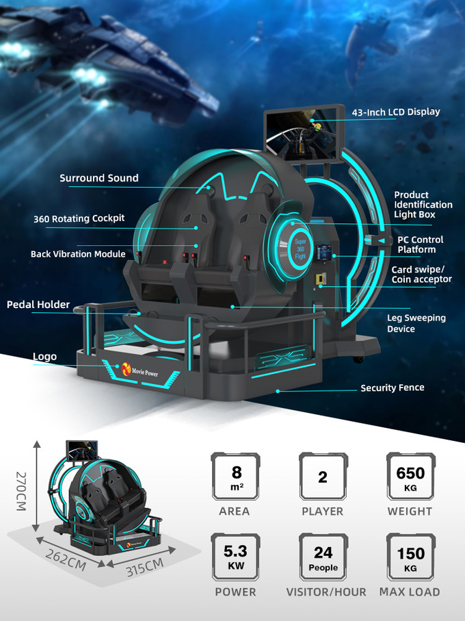VR 360 2 assentos 9d montanha-russa Máquinas VR 360 rotação VR Cinema 360 graus Simulador de cadeiras voadoras 1